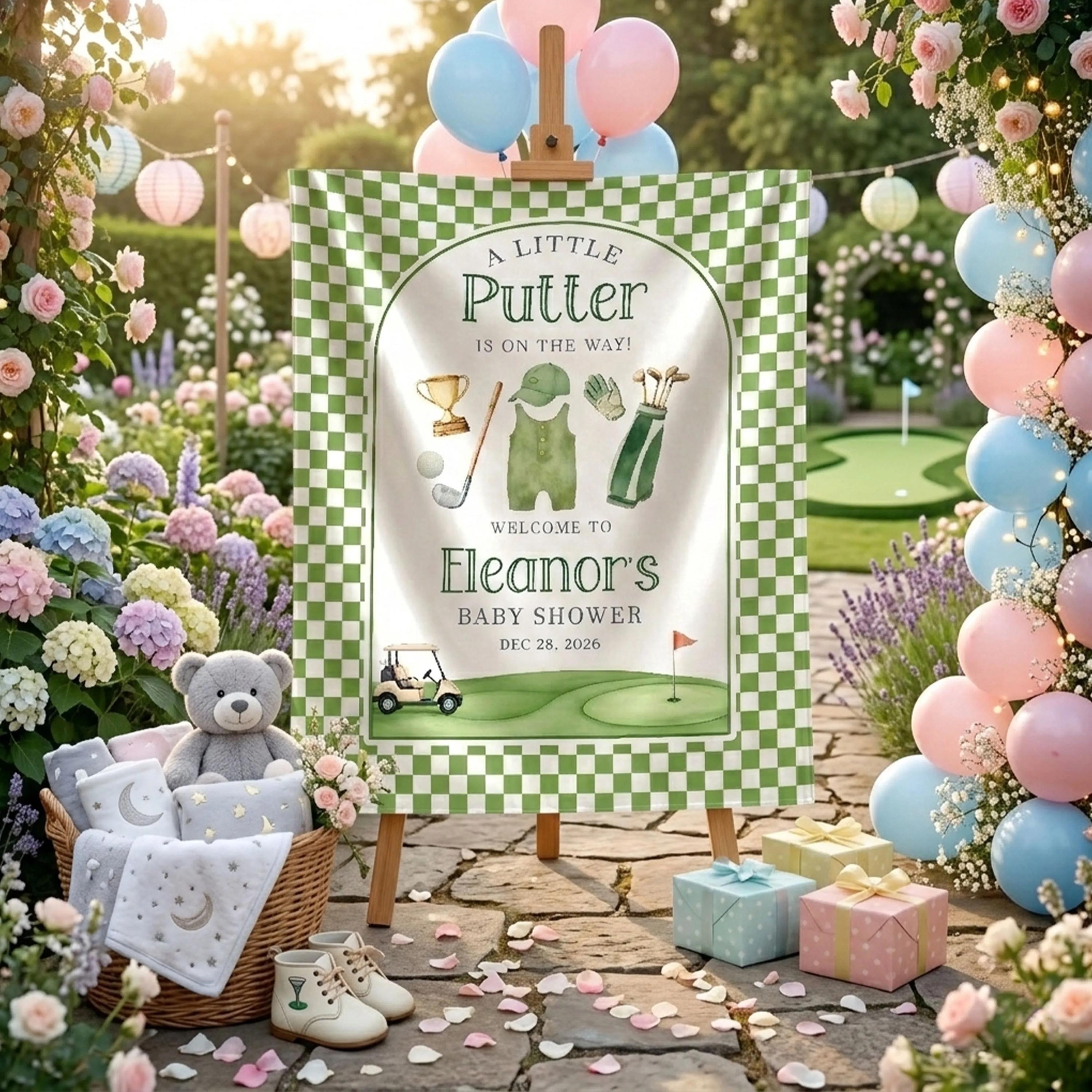 Custom Little Putter Baby Shower Silk Banner Golf-Themed Welcome Sign Neutral Green Decor for Boy or Girl Party Personalized Backdrop