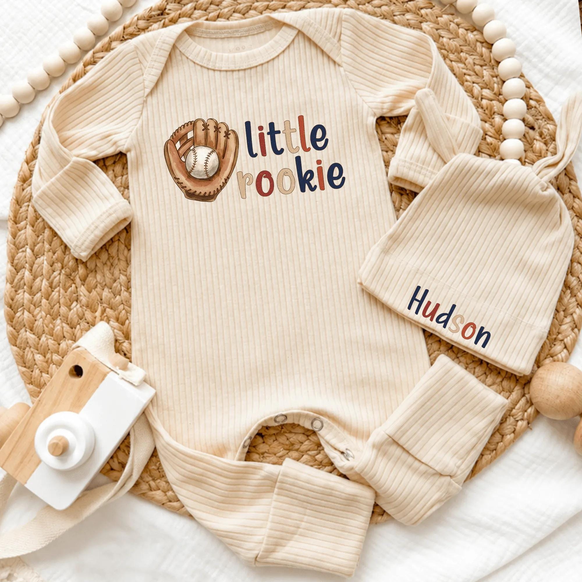 Custom Little Rookie Baseball Baby Bodysuit and Hat Set, Ribbed Cotton Newborn Coming Home Outfit, Personalized Baby Boy Gift