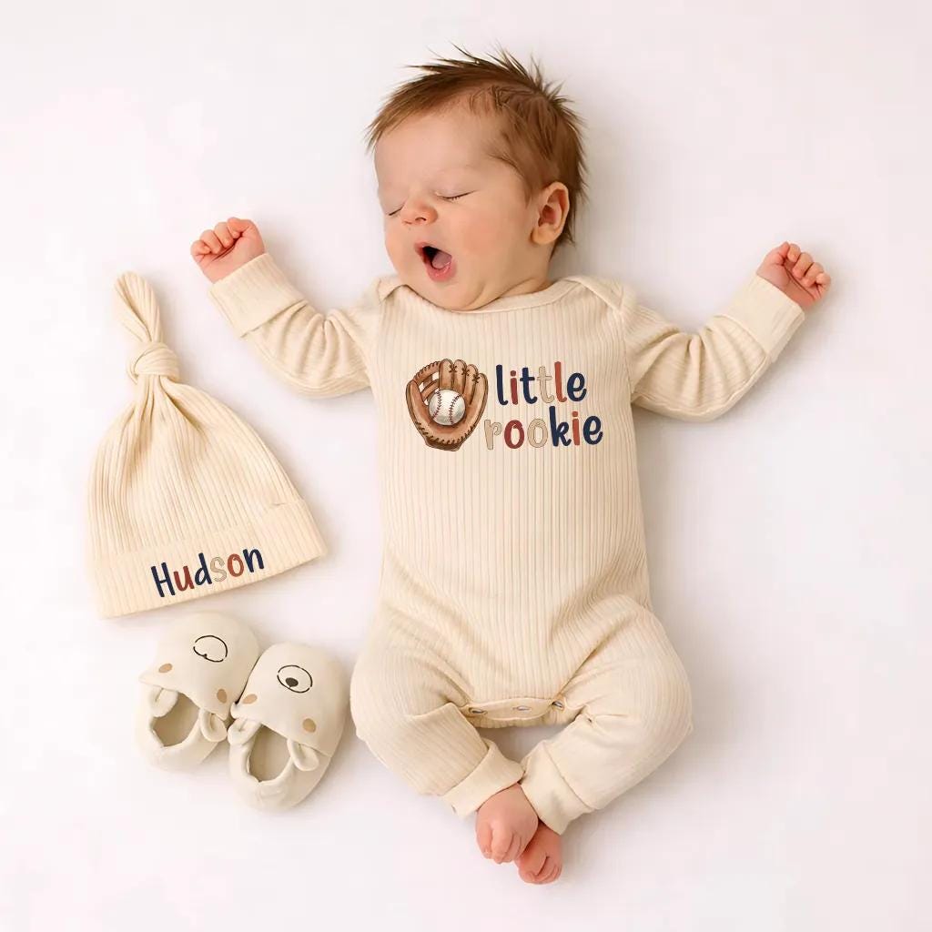 Custom Little Rookie Baseball Baby Bodysuit and Hat Set, Ribbed Cotton Newborn Coming Home Outfit, Personalized Baby Boy Gift