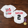 Custom Little Sister Soccer Fan Romper, Baby Long Sleeve Outfit with Red & Black Print, Soft Cotton Infant Bodysuit for Game Day Gift