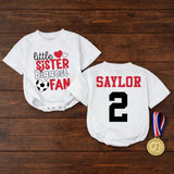 Custom Little Sister Soccer Fan Romper, Baby Long Sleeve Outfit with Red & Black Print, Soft Cotton Infant Bodysuit for Game Day Gift