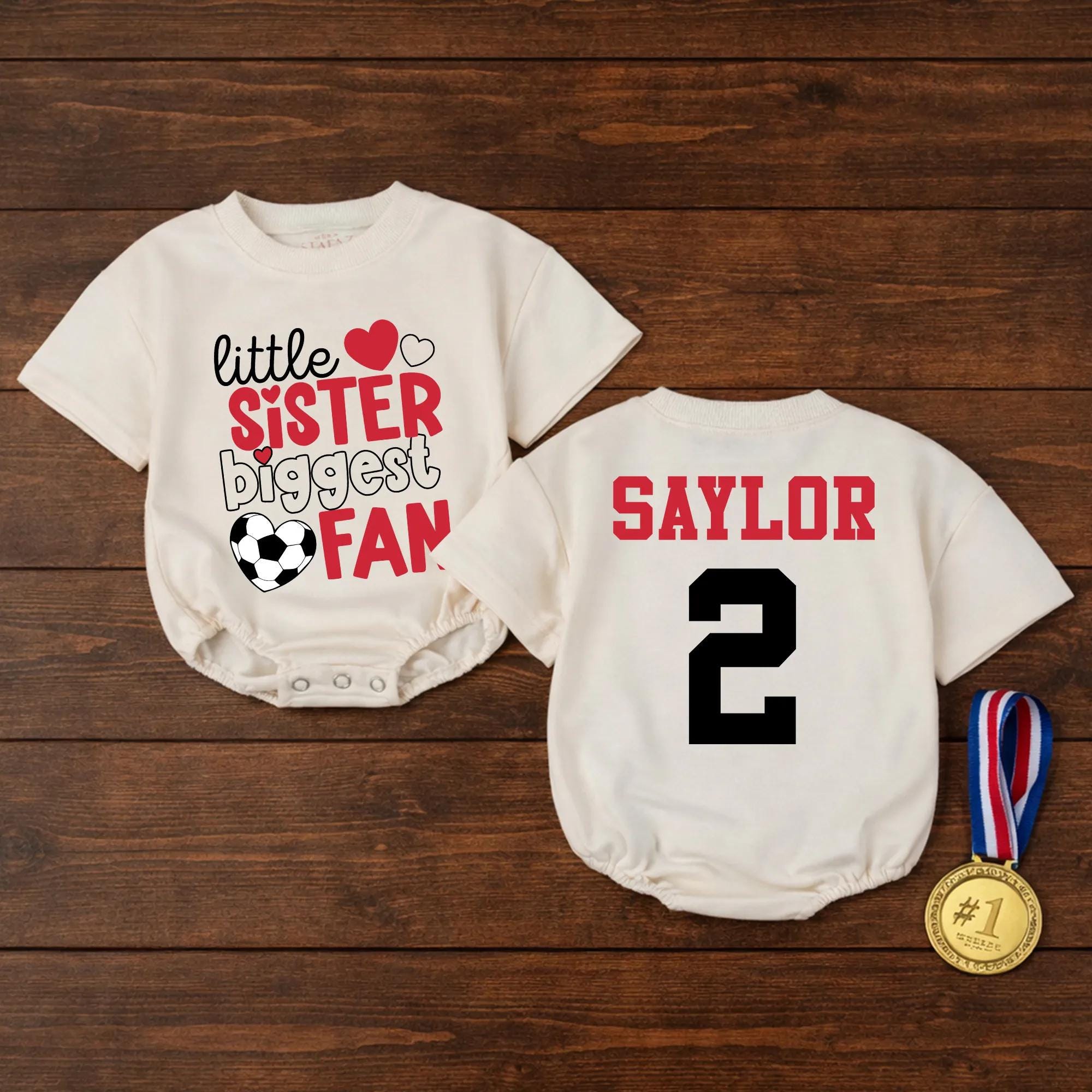 Custom Little Sister Soccer Fan Romper, Baby Long Sleeve Outfit with Red & Black Print, Soft Cotton Infant Bodysuit for Game Day Gift