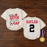 Custom Little Sister Soccer Fan Romper, Baby Long Sleeve Outfit with Red & Black Print, Soft Cotton Infant Bodysuit for Game Day Gift