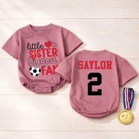 Custom Little Sister Soccer Fan Romper, Baby Long Sleeve Outfit with Red & Black Print, Soft Cotton Infant Bodysuit for Game Day Gift
