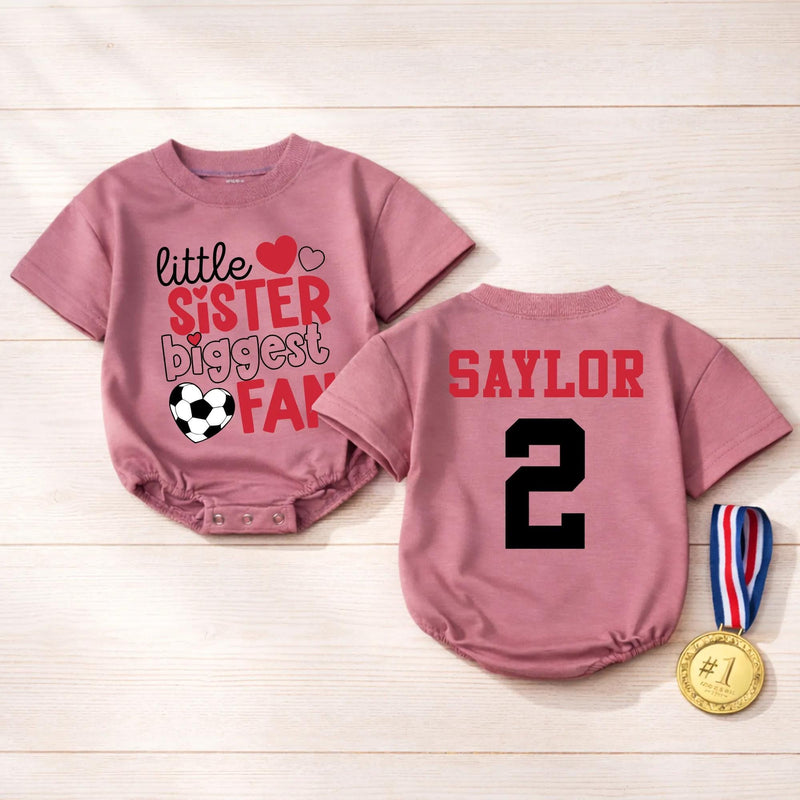 Custom Little Sister Soccer Fan Romper, Baby Long Sleeve Outfit with Red & Black Print, Soft Cotton Infant Bodysuit for Game Day Gift
