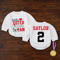 Custom Little Sister Soccer Fan Romper, Baby Long Sleeve Outfit with Red & Black Print, Soft Cotton Infant Bodysuit for Game Day Gift