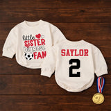 Custom Little Sister Soccer Fan Romper, Baby Long Sleeve Outfit with Red & Black Print, Soft Cotton Infant Bodysuit for Game Day Gift