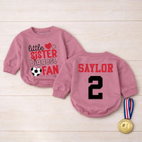 Custom Little Sister Soccer Fan Romper, Baby Long Sleeve Outfit with Red & Black Print, Soft Cotton Infant Bodysuit for Game Day Gift