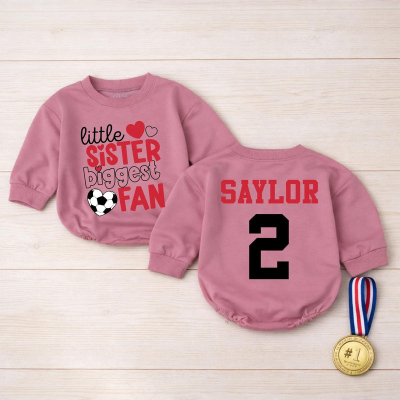 Custom Little Sister Soccer Fan Romper, Baby Long Sleeve Outfit with Red & Black Print, Soft Cotton Infant Bodysuit for Game Day Gift