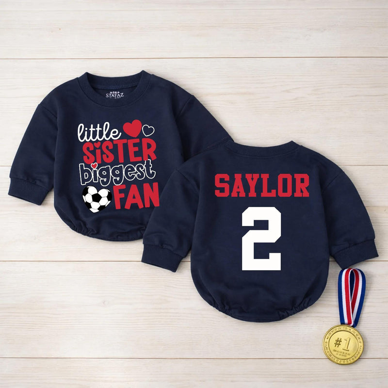 Custom Little Sister Soccer Fan Romper, Baby Long Sleeve Outfit with Red & Black Print, Soft Cotton Infant Bodysuit for Game Day Gift