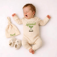 Custom Little Sprout Baby Bodysuit and Hat Set, Organic Cotton Outfit with Adorable Plant Design, Perfect for Newborn Photos or Baby Shower