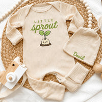 Custom Little Sprout Baby Bodysuit and Hat Set, Organic Cotton Outfit with Adorable Plant Design, Perfect for Newborn Photos or Baby Shower