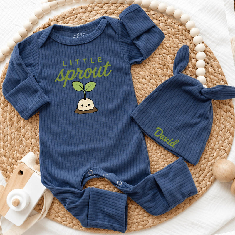 Custom Little Sprout Baby Bodysuit and Hat Set, Organic Cotton Outfit with Adorable Plant Design, Perfect for Newborn Photos or Baby Shower