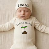 Custom Little Sprout Baby Romper and Hat Set with Name, Ribbed Cotton Newborn Outfit for Boys or Girls, Perfect Baby Shower Gift