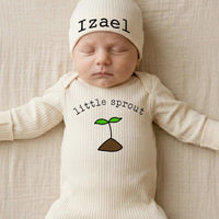Custom Little Sprout Baby Romper and Hat Set with Name, Ribbed Cotton Newborn Outfit for Boys or Girls, Perfect Baby Shower Gift