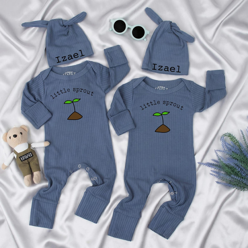 Custom Little Sprout Baby Romper and Hat Set with Name, Ribbed Cotton Newborn Outfit for Boys or Girls, Perfect Baby Shower Gift