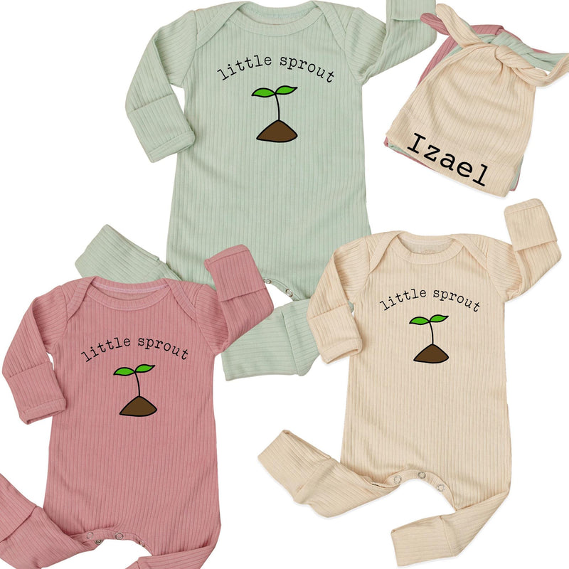 Custom Little Sprout Baby Romper and Hat Set with Name, Ribbed Cotton Newborn Outfit for Boys or Girls, Perfect Baby Shower Gift