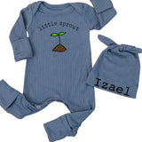 Custom Little Sprout Baby Romper and Hat Set with Name, Ribbed Cotton Newborn Outfit for Boys or Girls, Perfect Baby Shower Gift