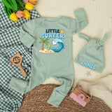 Custom Little Surfer Baby Bodysuit with Hat, Ocean Wave Print, Soft Cotton Newborn Outfit, Beach Baby Shower Gift, Summer Infant Clothes