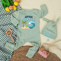 Custom Little Surfer Baby Bodysuit with Hat, Ocean Wave Print, Soft Cotton Newborn Outfit, Beach Baby Shower Gift, Summer Infant Clothes
