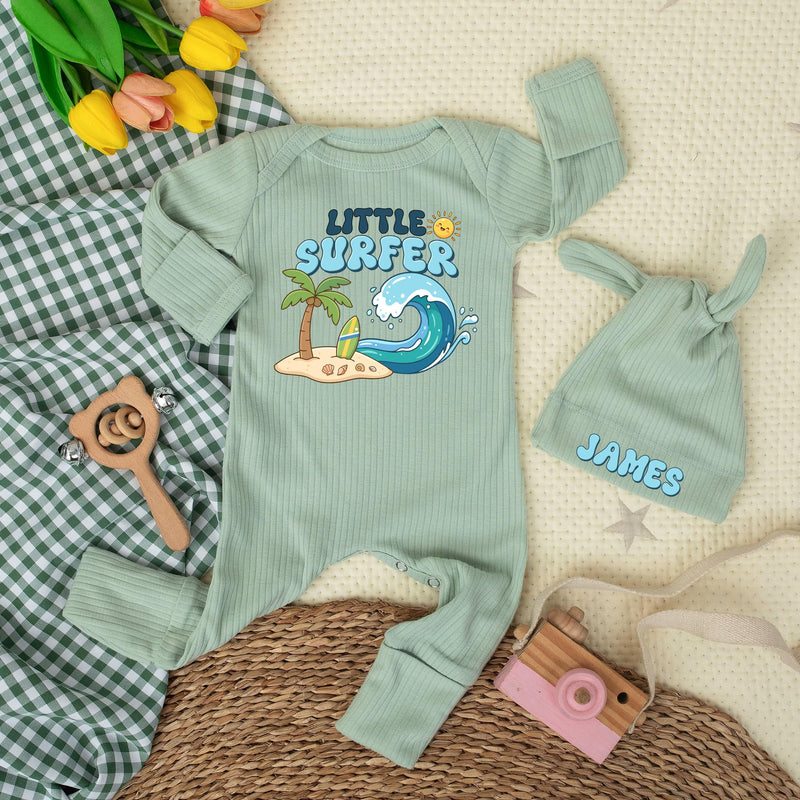 Custom Little Surfer Baby Bodysuit with Hat, Ocean Wave Print, Soft Cotton Newborn Outfit, Beach Baby Shower Gift, Summer Infant Clothes