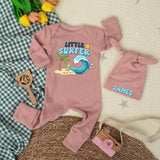 Custom Little Surfer Baby Bodysuit with Hat, Ocean Wave Print, Soft Cotton Newborn Outfit, Beach Baby Shower Gift, Summer Infant Clothes
