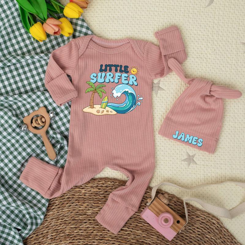 Custom Little Surfer Baby Bodysuit with Hat, Ocean Wave Print, Soft Cotton Newborn Outfit, Beach Baby Shower Gift, Summer Infant Clothes