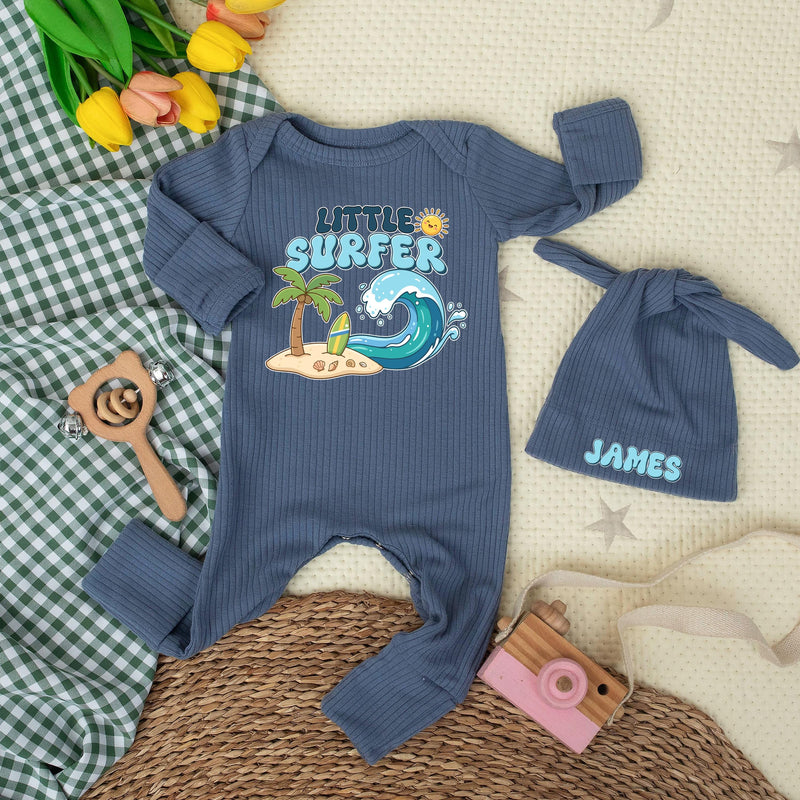 Custom Little Surfer Baby Bodysuit with Hat, Ocean Wave Print, Soft Cotton Newborn Outfit, Beach Baby Shower Gift, Summer Infant Clothes