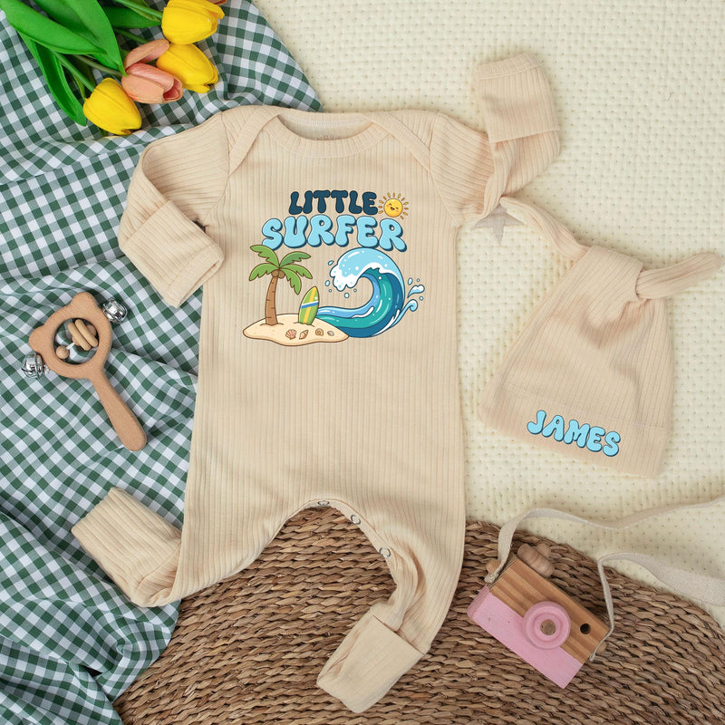 Custom Little Surfer Baby Bodysuit with Hat, Ocean Wave Print, Soft Cotton Newborn Outfit, Beach Baby Shower Gift, Summer Infant Clothes