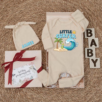 Custom Little Surfer Baby Bodysuit with Hat, Ocean Wave Print, Soft Cotton Newborn Outfit, Beach Baby Shower Gift, Summer Infant Clothes