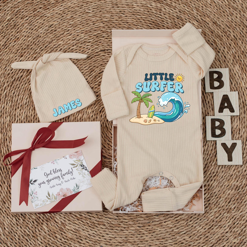Custom Little Surfer Baby Bodysuit with Hat, Ocean Wave Print, Soft Cotton Newborn Outfit, Beach Baby Shower Gift, Summer Infant Clothes
