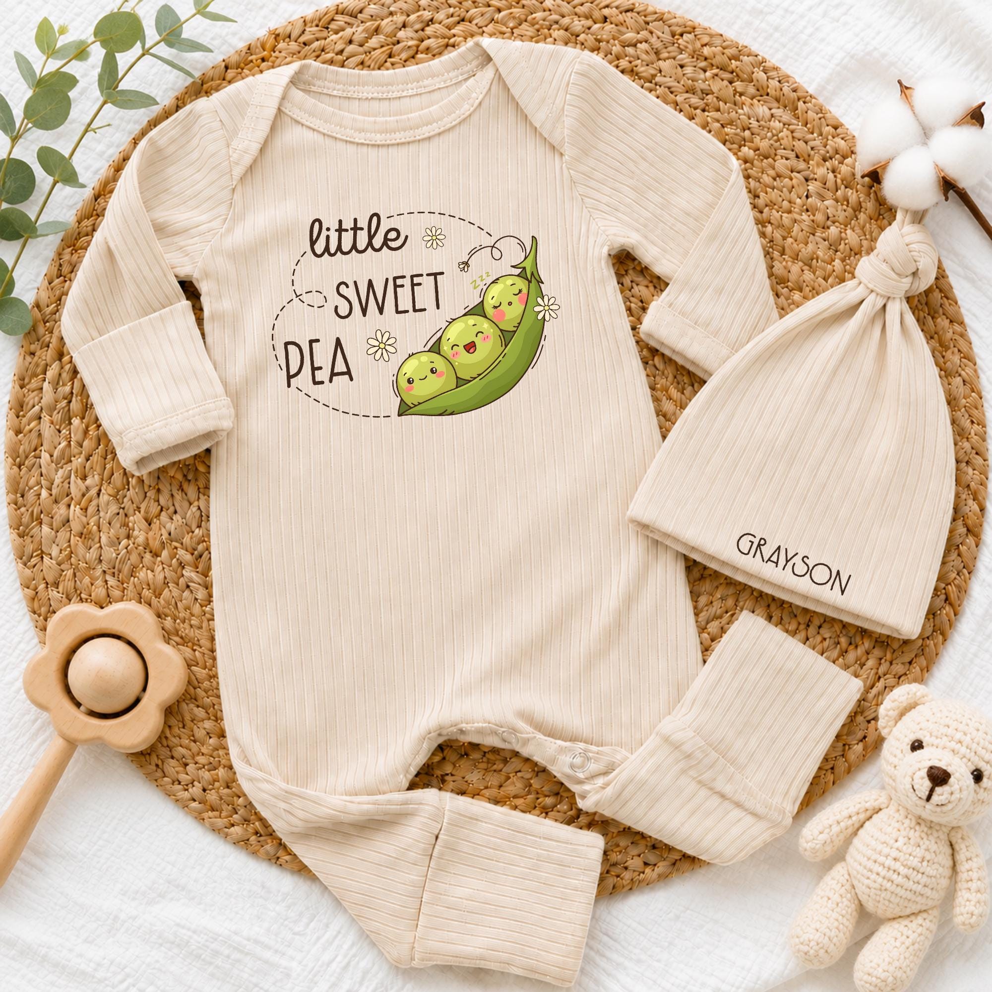 Custom Little Sweet Pea Baby Bodysuit & Hat Set, Soft Beige Cotton Newborn Outfit, Cute Garden Theme, Coming Home & Baby Shower Gift