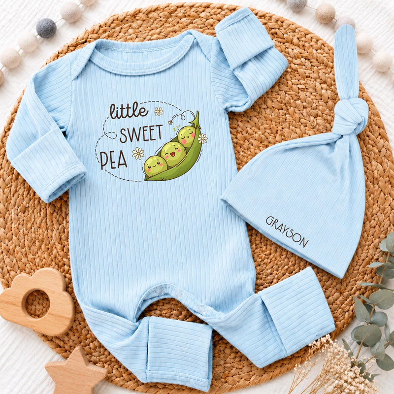 Custom Little Sweet Pea Baby Bodysuit & Hat Set, Soft Beige Cotton Newborn Outfit, Cute Garden Theme, Coming Home & Baby Shower Gift