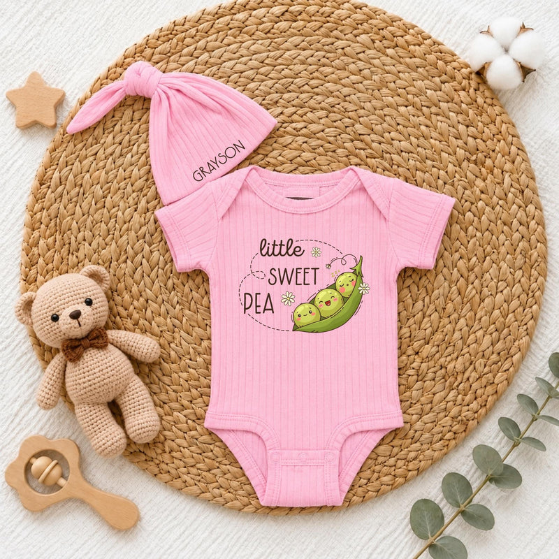 Custom Little Sweet Pea Baby Bodysuit & Hat Set, Soft Beige Cotton Newborn Outfit, Cute Garden Theme, Coming Home & Baby Shower Gift