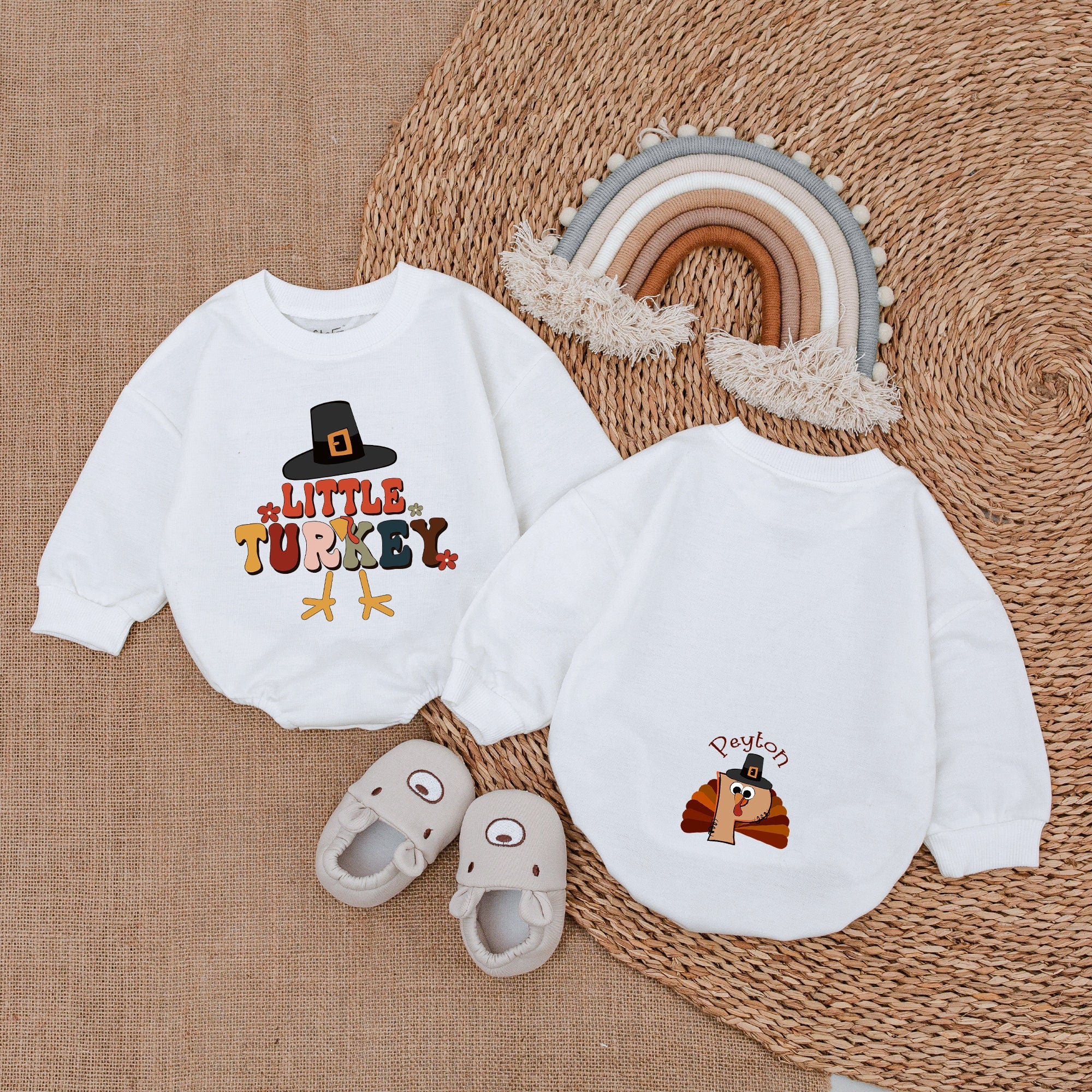 Custom Little Turkey Baby Romper My First Thanksgiving Outfit Personalized Turkey Feet Pilgrim Hat Festive Toddler Gift