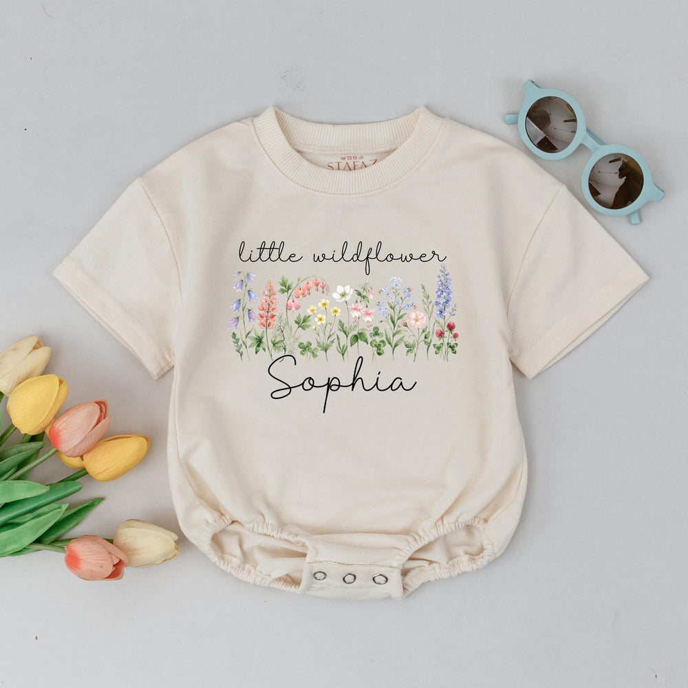 Custom Little Wildflower Baby Romper with Name Soft Cotton Floral Outfit for Girls Boho Wildflower Design Perfect Baby Shower Gift