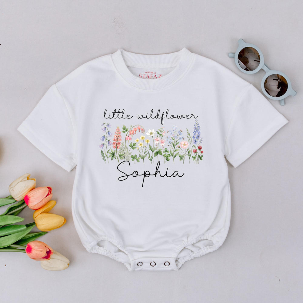 Custom Little Wildflower Baby Romper with Name Soft Cotton Floral Outfit for Girls Boho Wildflower Design Perfect Baby Shower Gift