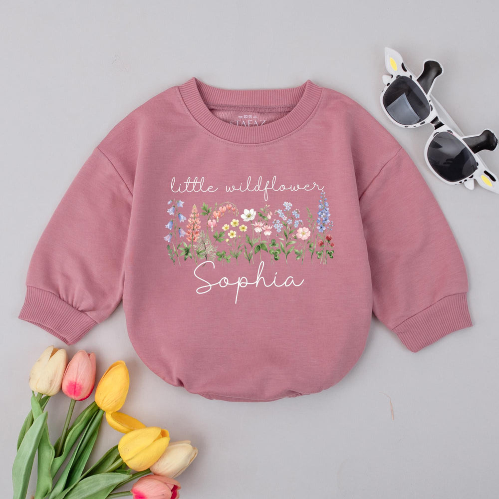 Custom Little Wildflower Baby Romper with Name Soft Cotton Floral Outfit for Girls Boho Wildflower Design Perfect Baby Shower Gift