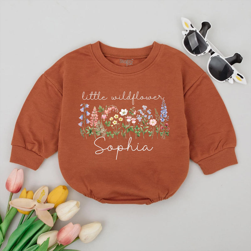 Custom Little Wildflower Baby Romper with Name Soft Cotton Floral Outfit for Girls Boho Wildflower Design Perfect Baby Shower Gift