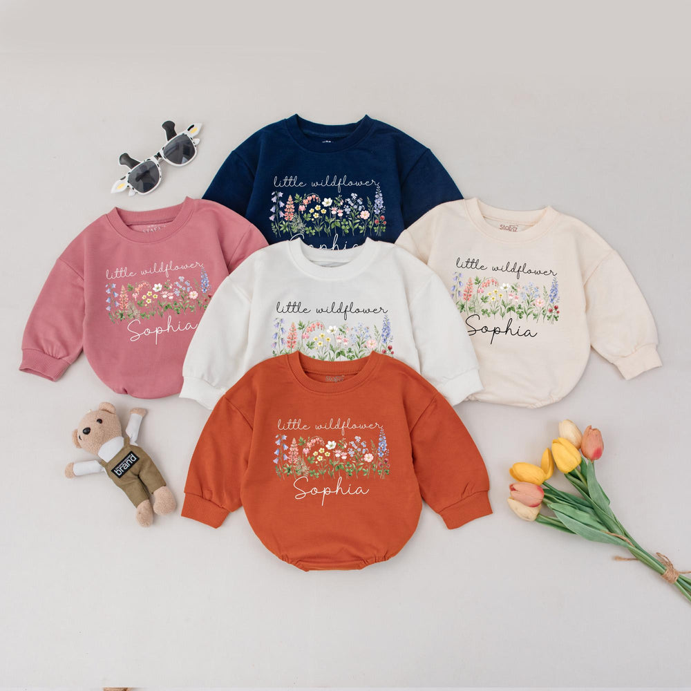 Custom Little Wildflower Baby Romper with Name Soft Cotton Floral Outfit for Girls Boho Wildflower Design Perfect Baby Shower Gift
