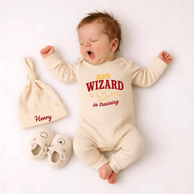 Custom Little Wizard in Training Baby Bodysuit & Hat Set, Soft Cotton Newborn Coming Home Outfit, Fantasy Baby Shower Gift