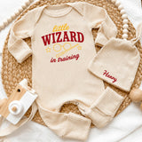Custom Little Wizard in Training Baby Bodysuit & Hat Set, Soft Cotton Newborn Coming Home Outfit, Fantasy Baby Shower Gift