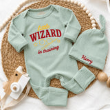 Custom Little Wizard in Training Baby Bodysuit & Hat Set, Soft Cotton Newborn Coming Home Outfit, Fantasy Baby Shower Gift