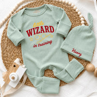 Custom Little Wizard in Training Baby Bodysuit & Hat Set, Soft Cotton Newborn Coming Home Outfit, Fantasy Baby Shower Gift