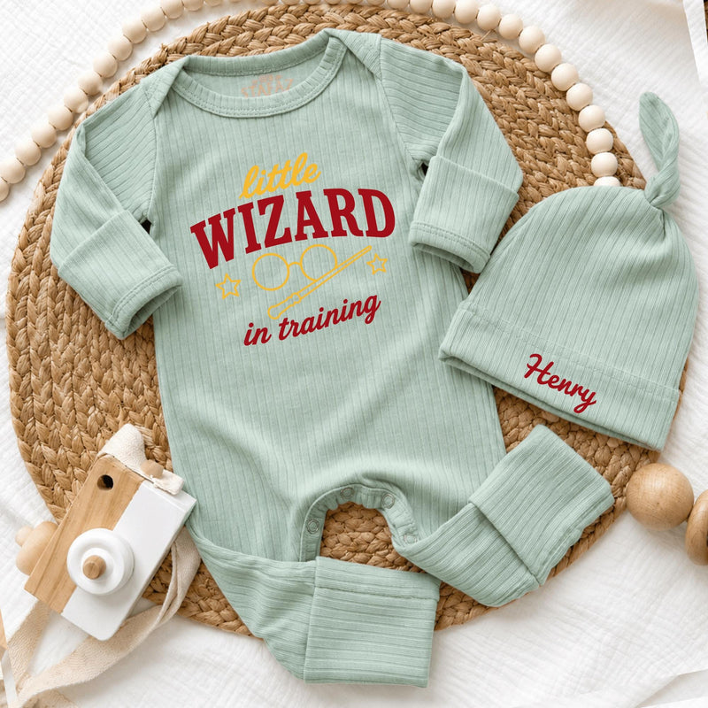 Custom Little Wizard in Training Baby Bodysuit & Hat Set, Soft Cotton Newborn Coming Home Outfit, Fantasy Baby Shower Gift