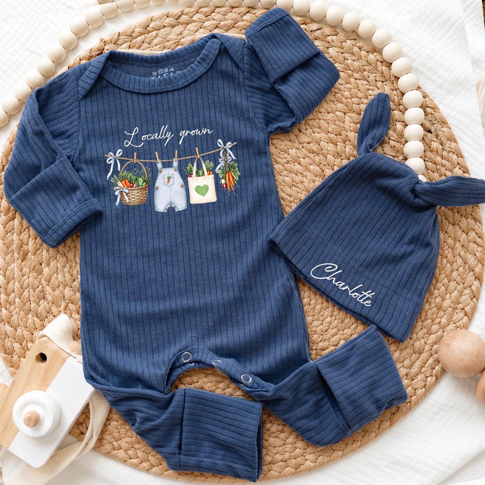 Custom Locally Grown Baby Bodysuit and Hat Set with Farmhouse Veggie Artwork, Soft Cotton, Perfect for Coming Home or Baby Shower Gift