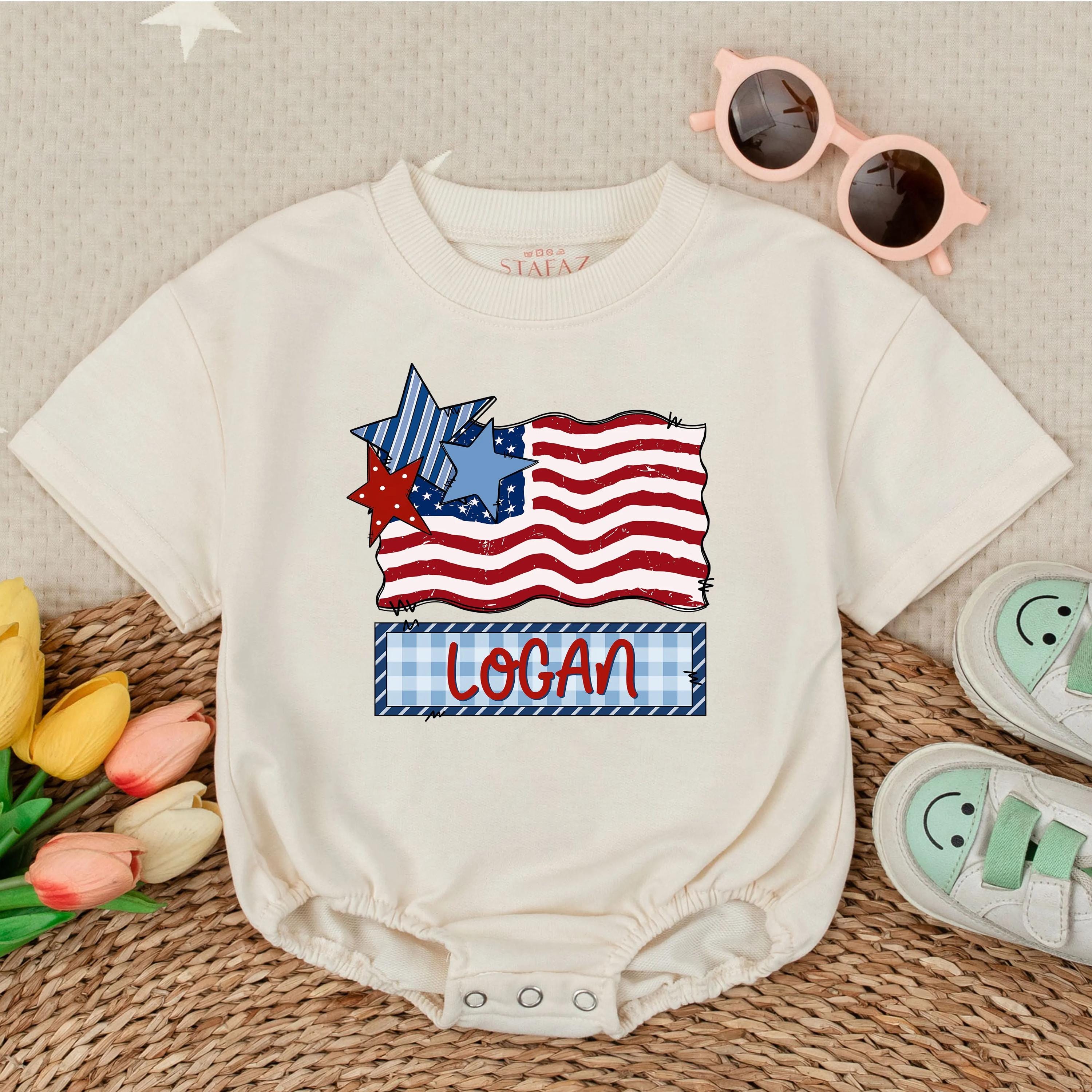 Custom Logan American Flag Baby Romper Soft 4th of July Outfit Patriotic Toddler Clothes Fun Celebration Wear for Boys Comfortable Style