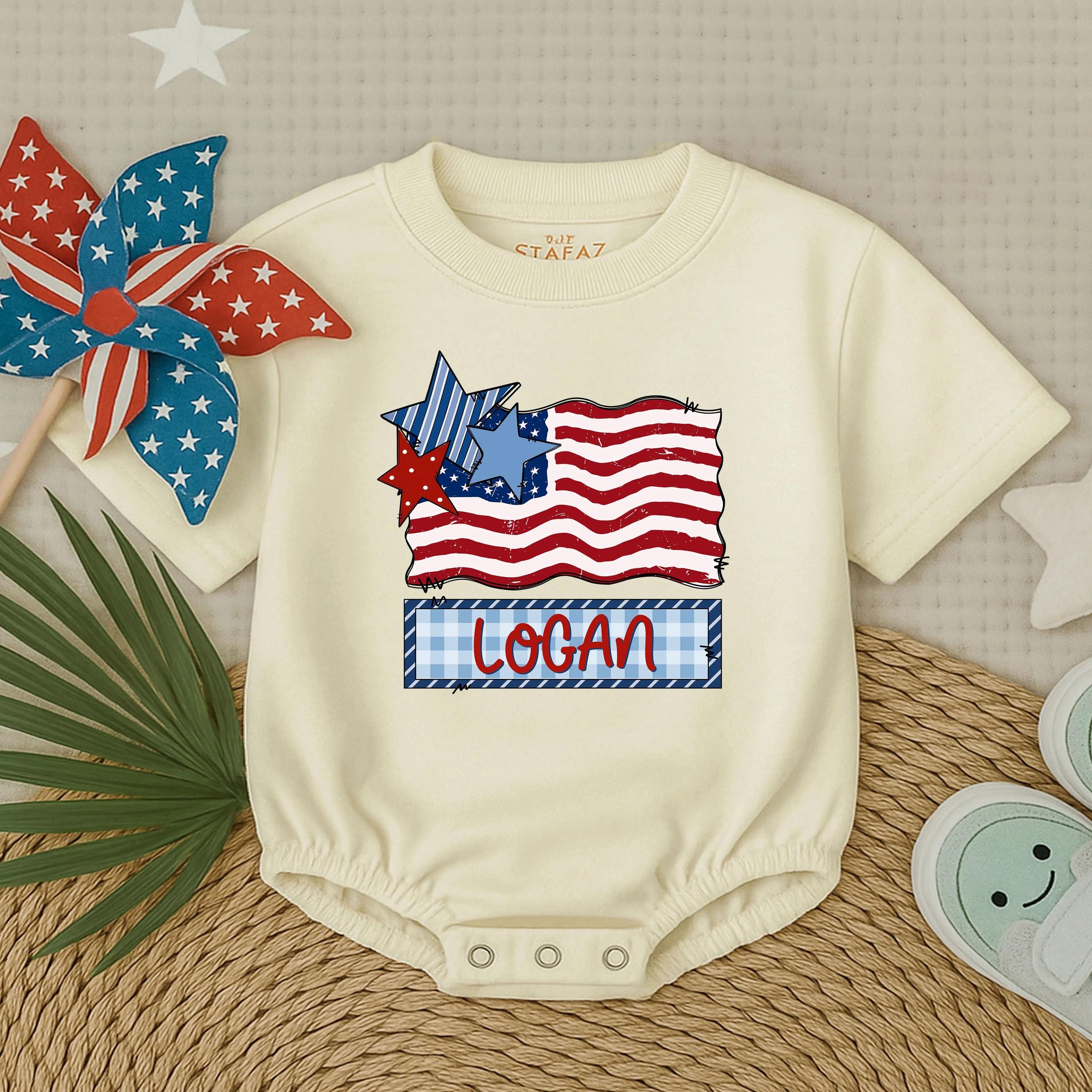 Custom Logan American Flag Baby Romper Soft 4th of July Outfit Patriotic Toddler Clothes Fun Celebration Wear for Boys Comfortable Style
