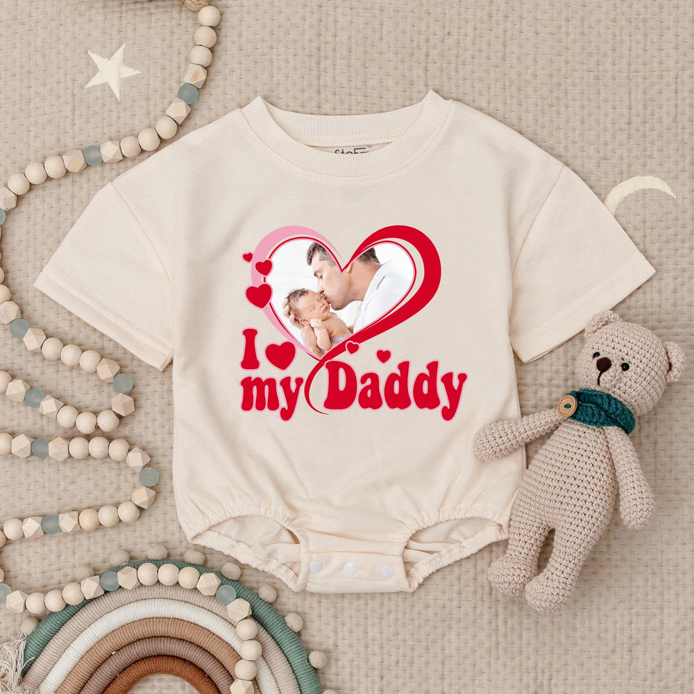 Custom I Love My Daddy Baby Romper with Photo Heart Graphic for Girls, Soft Pink and Red One Month Infant Bodysuit, Personalized Gift