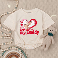Custom I Love My Daddy Baby Romper with Photo Heart Graphic for Girls, Soft Pink and Red One Month Infant Bodysuit, Personalized Gift